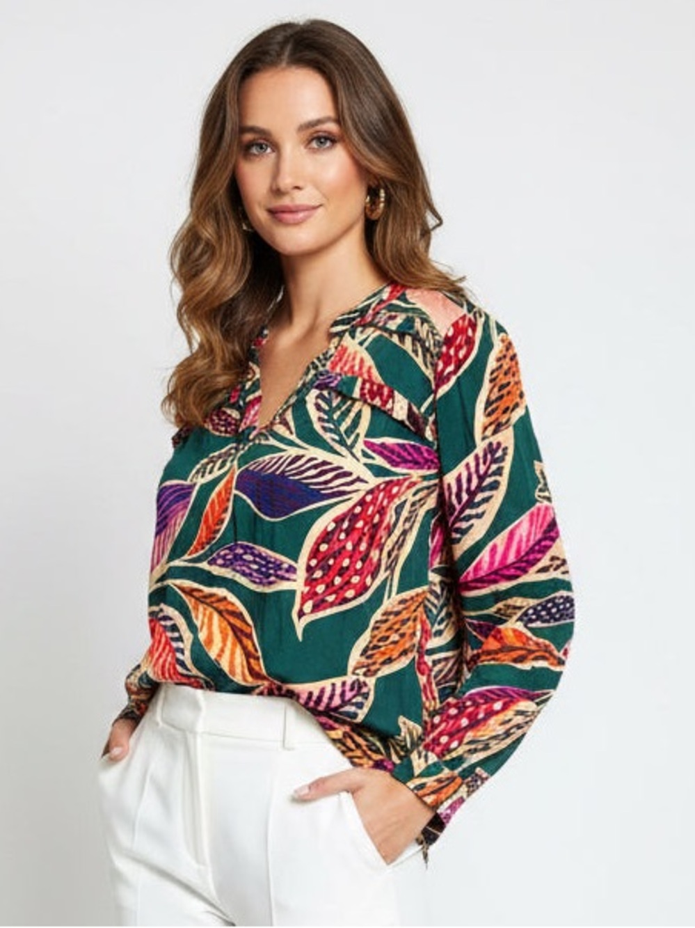 Democracy Multicolor Tropical Leaf V-Neck Blouse
